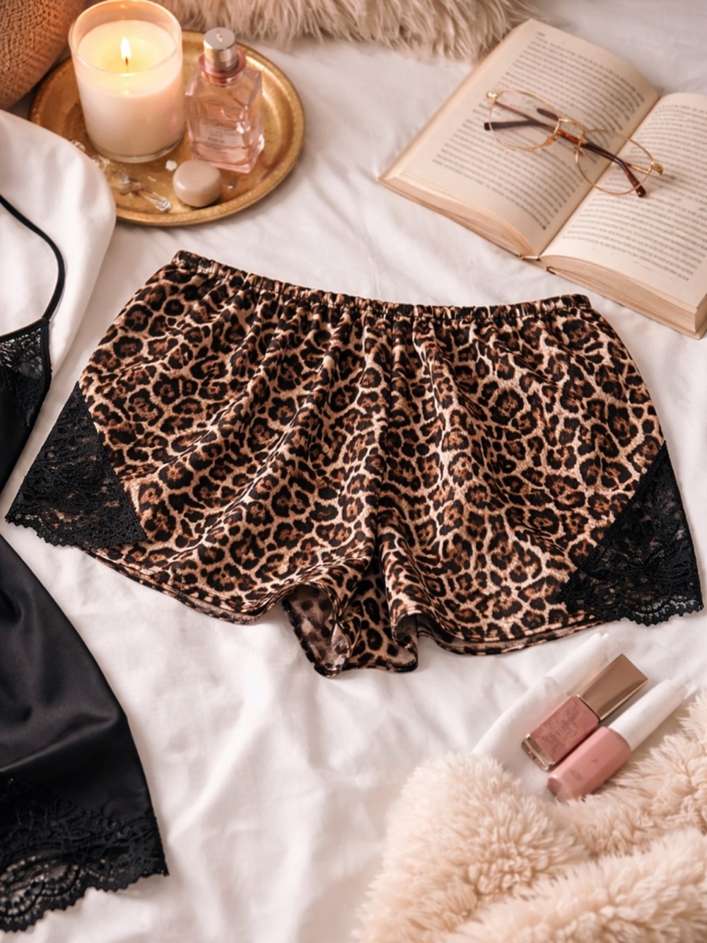Joyspun Leopard Print Satin Sleep Shorts XL Lace Trim Silky Pajama Shorts